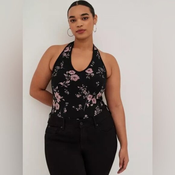 torrid Tops - Torrid Foxy V-Neck Black Floral Halter Top Size 1x